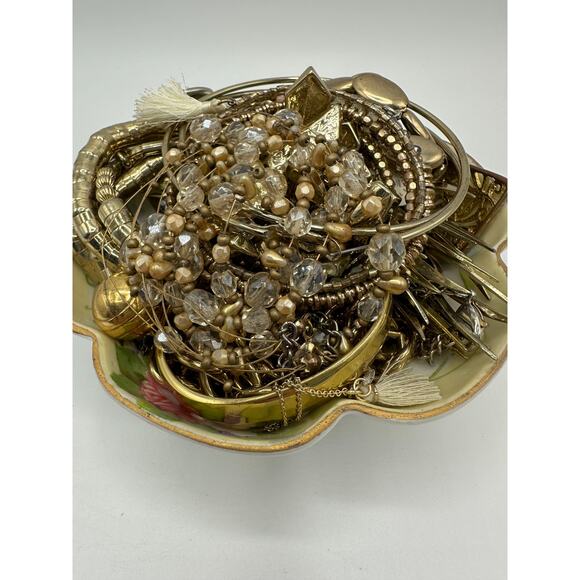 Vintage Gold Tone Jewelry Mystery Jewelry Jar in Vintage Nippon Nut Bowl - Picture 5 of 6